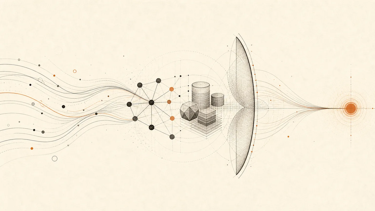 Abstract illustration of signals flowing through a guarded AI system to human approval